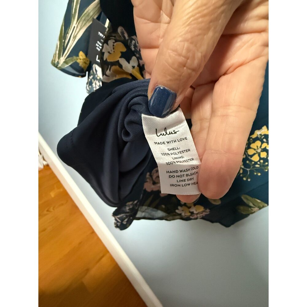 Lulus Floral Off-The-Shoulder Asymmetrical Chiffon Blouse Teal Navy Size XL